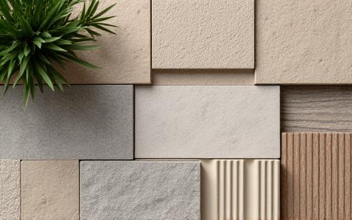 Gros plan sur des échantillons de matériaux de construction durables et naturels tels que des planches de bois clair et des pierres de différentes textures, posés harmonieusement.